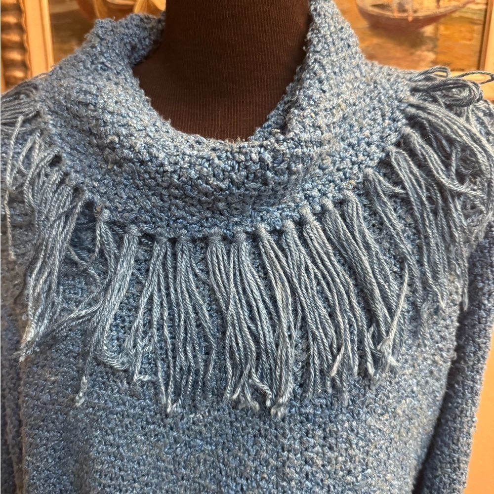 PURE SILK Hand Knitted Blue Cowl Neck Sweater Fringe Detail Small Luxury EUC - Picture 10 of 13